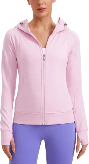 CRZ YOGA Womens Fleece Full Zip Hoodie Jackets Workout Hooded Zipper Basic Casual Sweatshirts with Thumb Holes