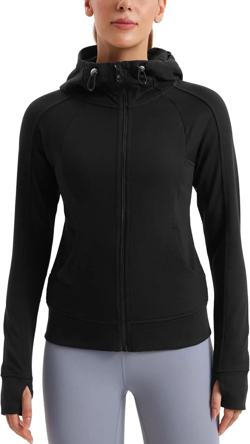 CRZ YOGA Womens Fleece Full Zip Hoodie Jackets Workout Hooded Zipper Basic Casual Sweatshirts with Thumb Holes