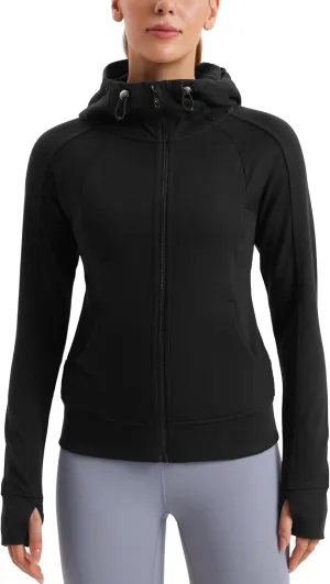 CRZ YOGA Womens Fleece Full Zip Hoodie Jackets Workout Hooded Zipper Basic Casual Sweatshirts with Thumb Holes