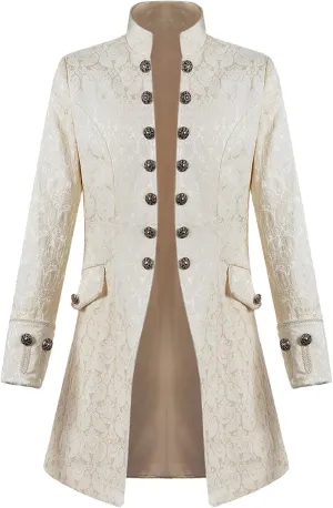 Ctreela Gothic Brocade Frock Coat for Men Medieval Steampunk Stand Collar Trench Coat Big and Tall Long Sleeve Tailcoat