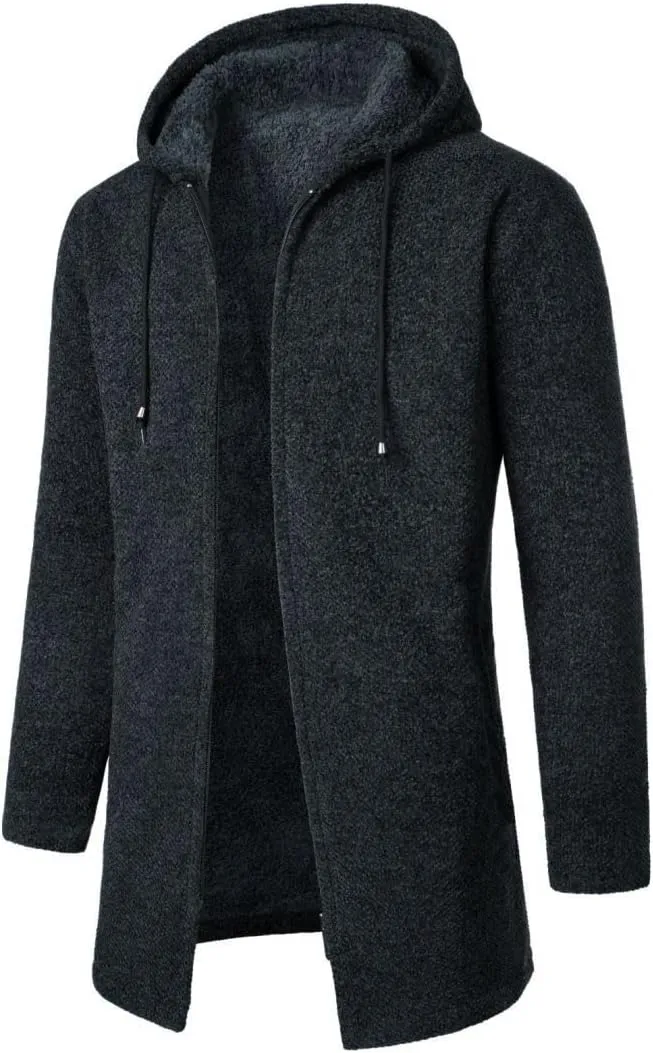 Ctreela Men Furry Lined Hooded Long Jacket Winter Warm Sweatshirts Knit Sport Sweater Coats Sherpa Fleece Thicken Hoodies