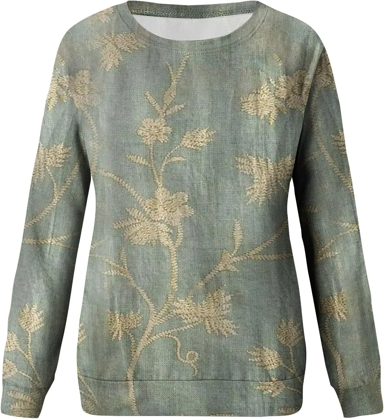 Cute Long Sleeve Tops For Women Work Crewneck Tops Fall Stretch Sweatshirts Floral Print T-Shirts Trendy