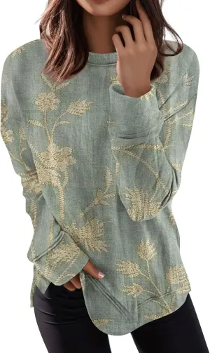 Cute Long Sleeve Tops For Women Work Crewneck Tops Fall Stretch Sweatshirts Floral Print T-Shirts Trendy