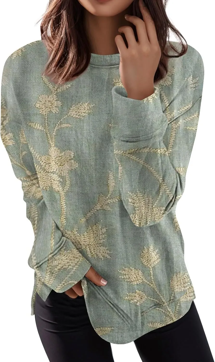 Cute Long Sleeve Tops For Women Work Crewneck Tops Fall Stretch Sweatshirts Floral Print T-Shirts Trendy