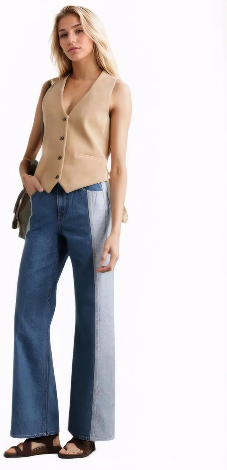 D-Sun Women Wide Leg Jeans Patchwork High Rise Straight Leg Denim Pants Casual Color Block Y2K Jean Trousers with Pockets