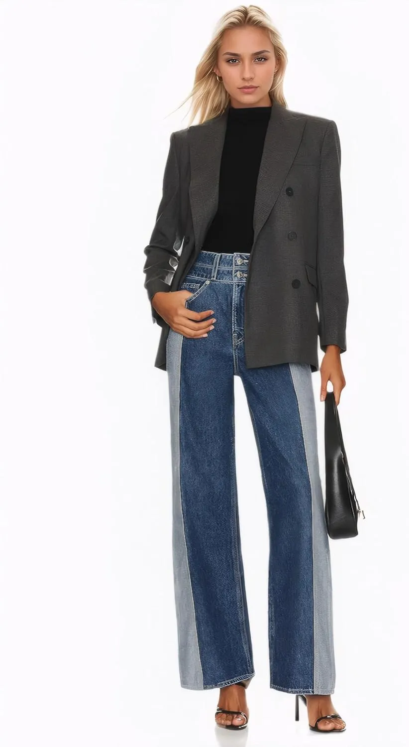 D-Sun Women Wide Leg Jeans Patchwork High Rise Straight Leg Denim Pants Casual Color Block Y2K Jean Trousers with Pockets