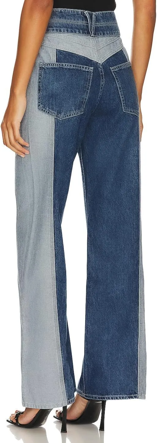 D-Sun Women Wide Leg Jeans Patchwork High Rise Straight Leg Denim Pants Casual Color Block Y2K Jean Trousers with Pockets