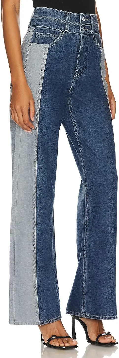 D-Sun Women Wide Leg Jeans Patchwork High Rise Straight Leg Denim Pants Casual Color Block Y2K Jean Trousers with Pockets