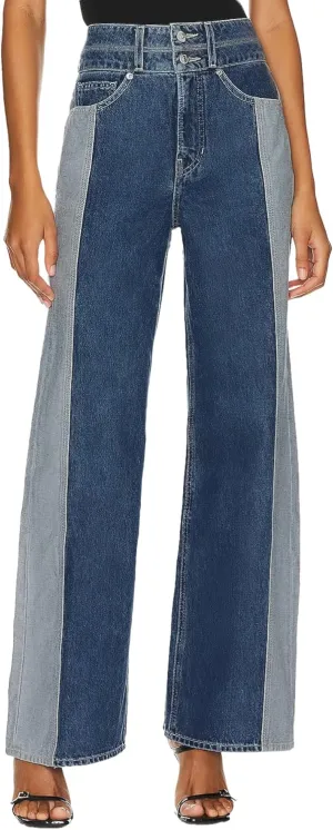 D-Sun Women Wide Leg Jeans Patchwork High Rise Straight Leg Denim Pants Casual Color Block Y2K Jean Trousers with Pockets