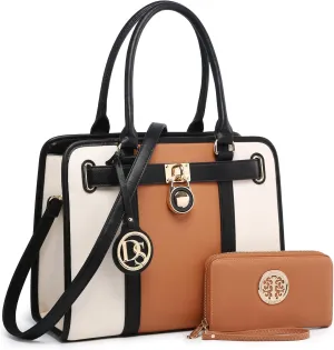 Dasein Two Tone Satchel Handbags Purses for Women Vegan Leather Shoulder Bags Large Tote Bag with Matching Wallet