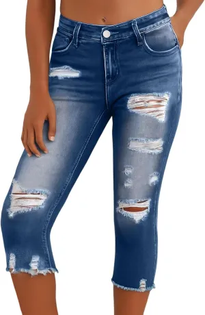 Distressed Jeans for Women Stretch Low Rise Ripped Jeans Vintage Wash Raw Hem Skinny Capris Denim Jeggings with Holes