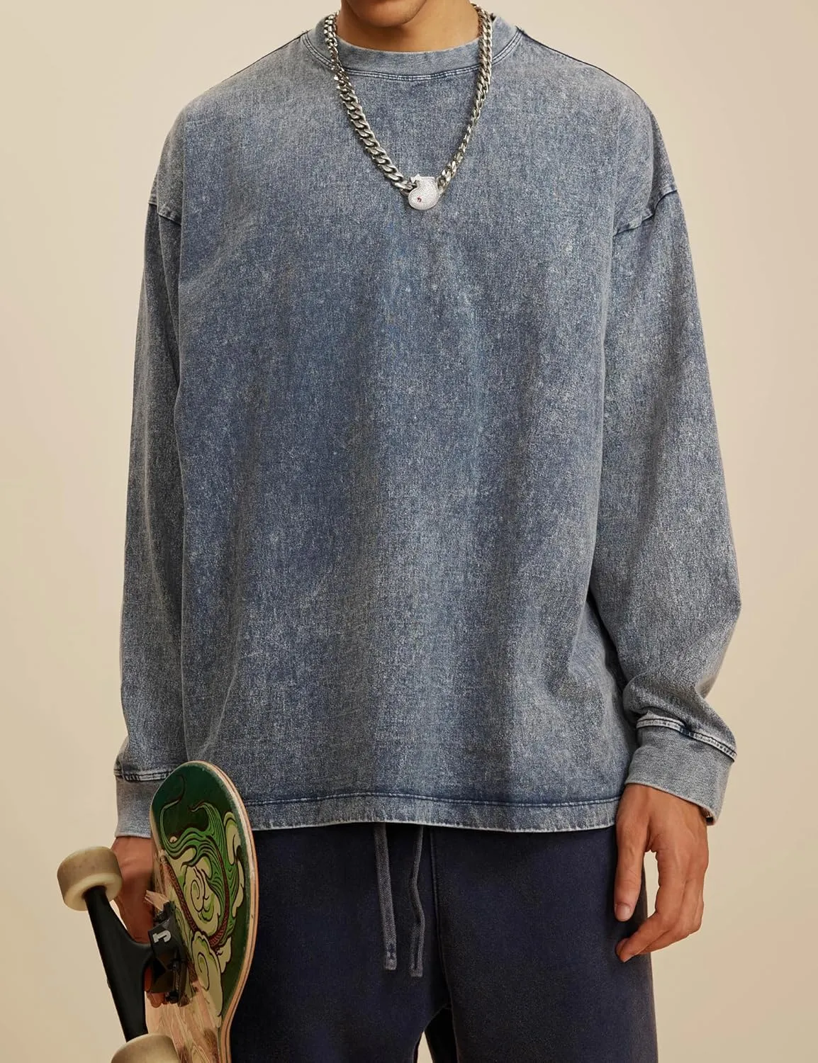 Dnzzs Men's Oversized T-Shirts Long Sleeve Crew Neck Sweatshirt Acid Wash Basic Cotton Tees Vintage Streetwear Tee Tops