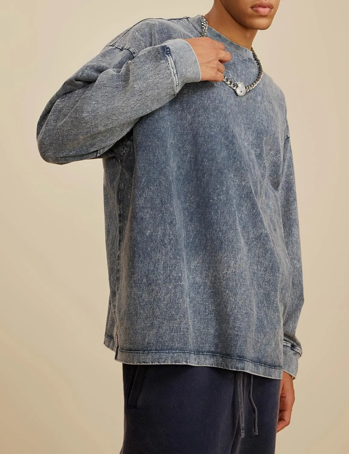 Dnzzs Men's Oversized T-Shirts Long Sleeve Crew Neck Sweatshirt Acid Wash Basic Cotton Tees Vintage Streetwear Tee Tops