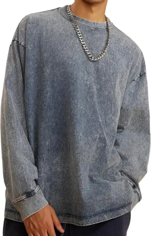 Dnzzs Men's Oversized T-Shirts Long Sleeve Crew Neck Sweatshirt Acid Wash Basic Cotton Tees Vintage Streetwear Tee Tops