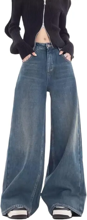 EMMIOL Women's Baggy Jeans - Patchwork Wide Leg Mid Rise Y2K Cargo Pants, 90s Vintage Loose Boyfriend Oversized Jeans