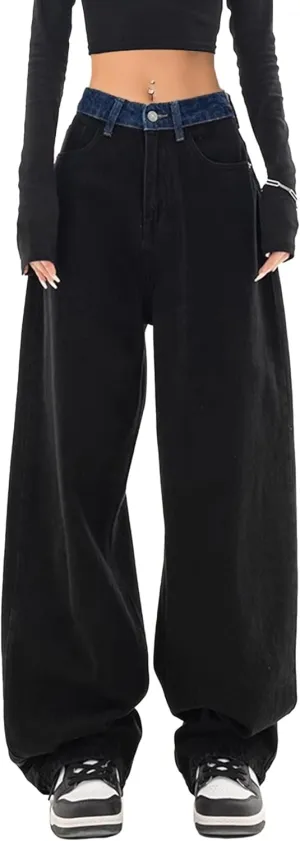 EMMIOL Women's Baggy Jeans - Patchwork Wide Leg Mid Rise Y2K Cargo Pants, 90s Vintage Loose Boyfriend Oversized Jeans