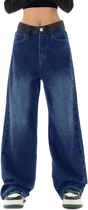 EMMIOL Women's Baggy Jeans - Patchwork Wide Leg Mid Rise Y2K Cargo Pants, 90s Vintage Loose Boyfriend Oversized Jeans