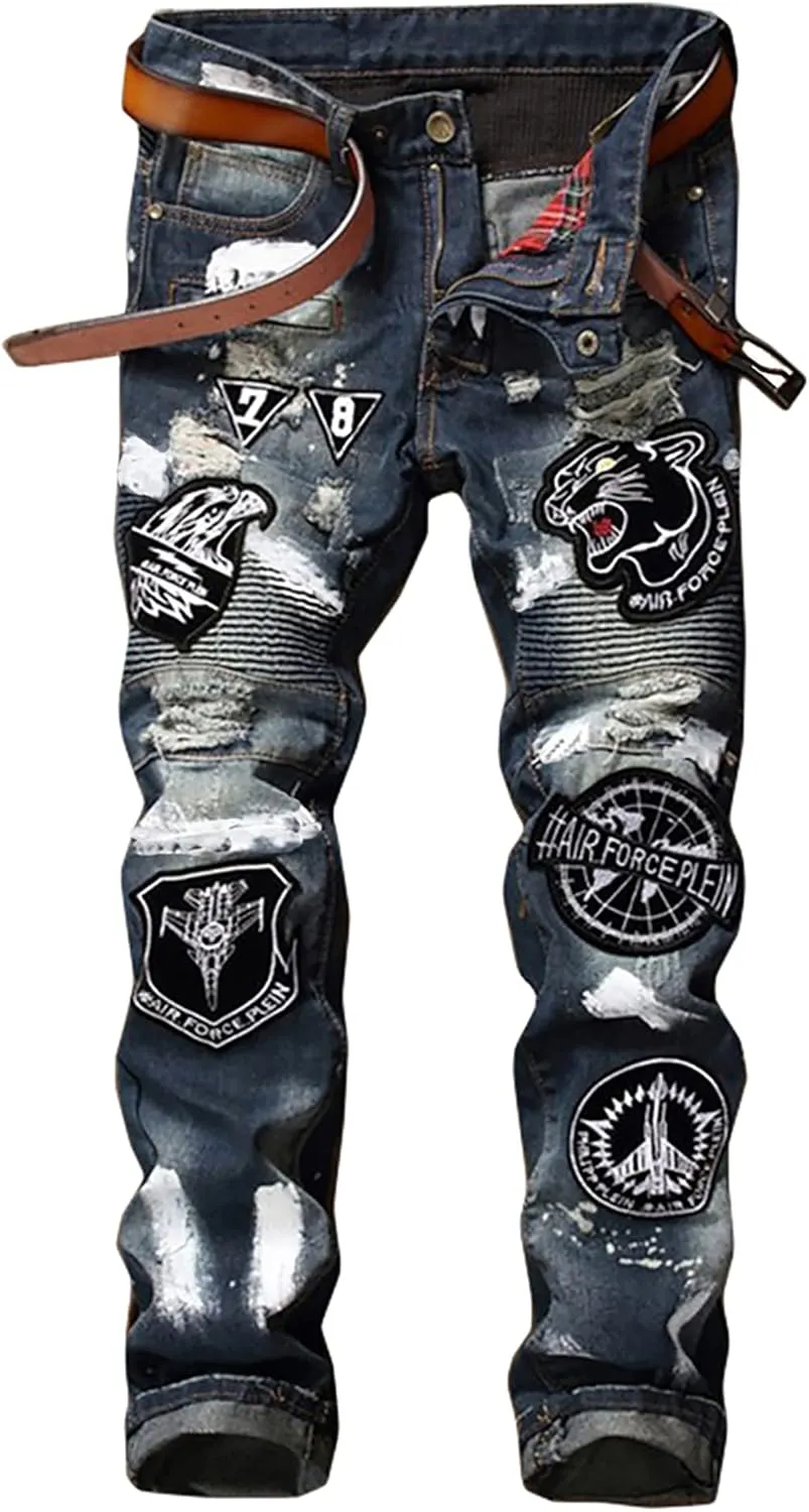 Enrica Men's Ripped Straight Slim Moto Biker Jeans
