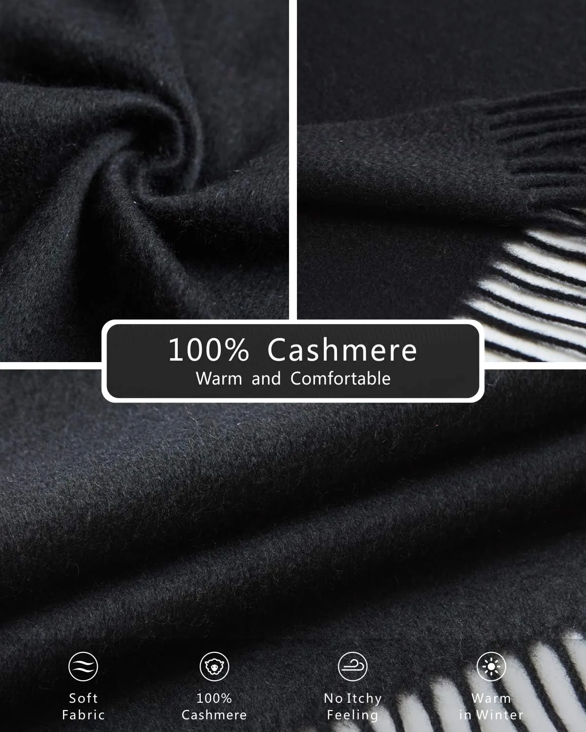 EURKEA 100% Cashmere 2024 Winter Scarf for Women, Fringed Edges, Warm & Soft, Lightweight, Gift Ready, Solid/Plaid/Two-Tone