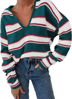 EVALESS Sweaters for Women Long Sleeve V Neck Striped Knit Drop Shoulder Fall Jumper 2025 Henley Pullover
