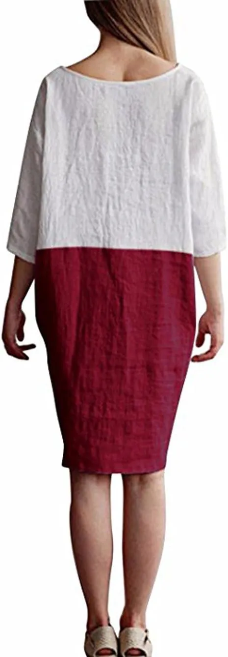 Famulily Women's Oversized 3 4 Sleeve Two Tone Colors Loose T Shirt Dress with Pockets