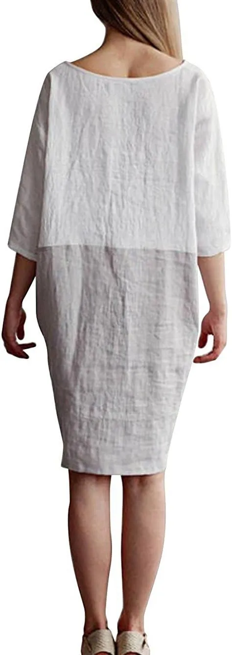 Famulily Women's Oversized 3 4 Sleeve Two Tone Colors Loose T Shirt Dress with Pockets
