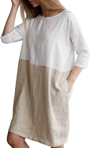 Famulily Women's Oversized 3 4 Sleeve Two Tone Colors Loose T Shirt Dress with Pockets
