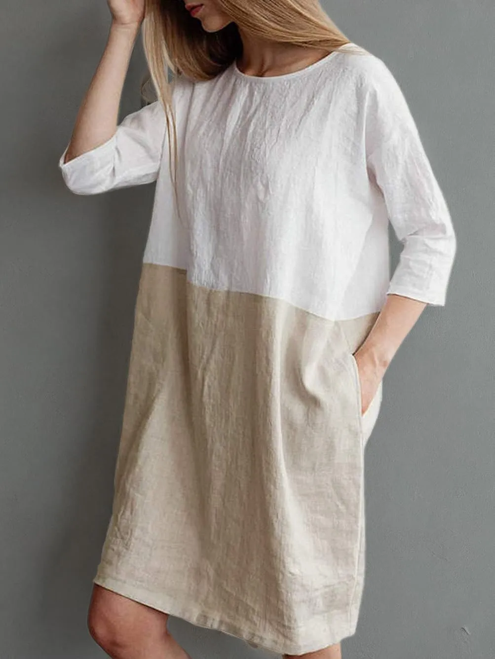 Famulily Women's Oversized 3 4 Sleeve Two Tone Colors Loose T Shirt Dress with Pockets