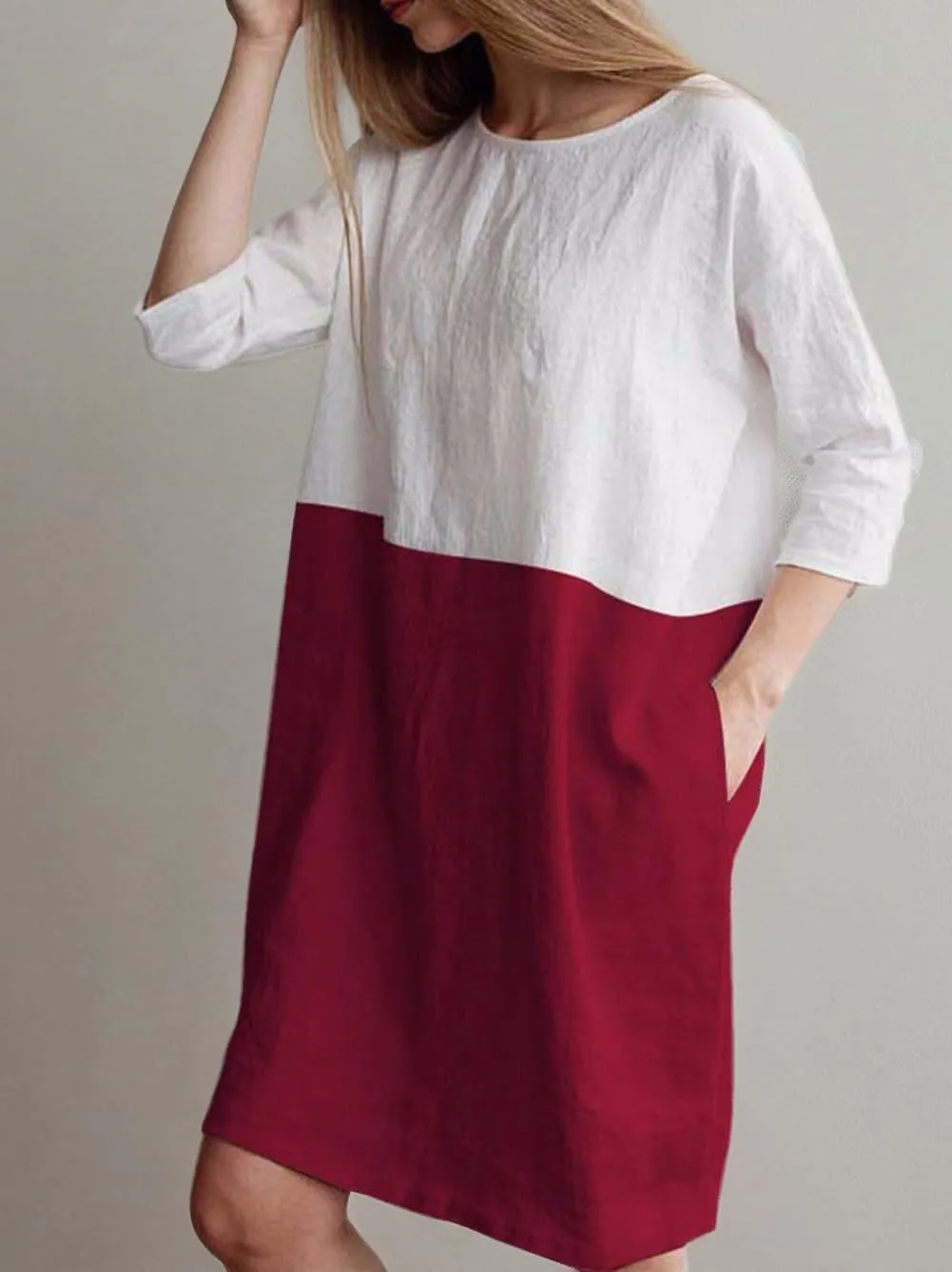 Famulily Women's Oversized 3 4 Sleeve Two Tone Colors Loose T Shirt Dress with Pockets