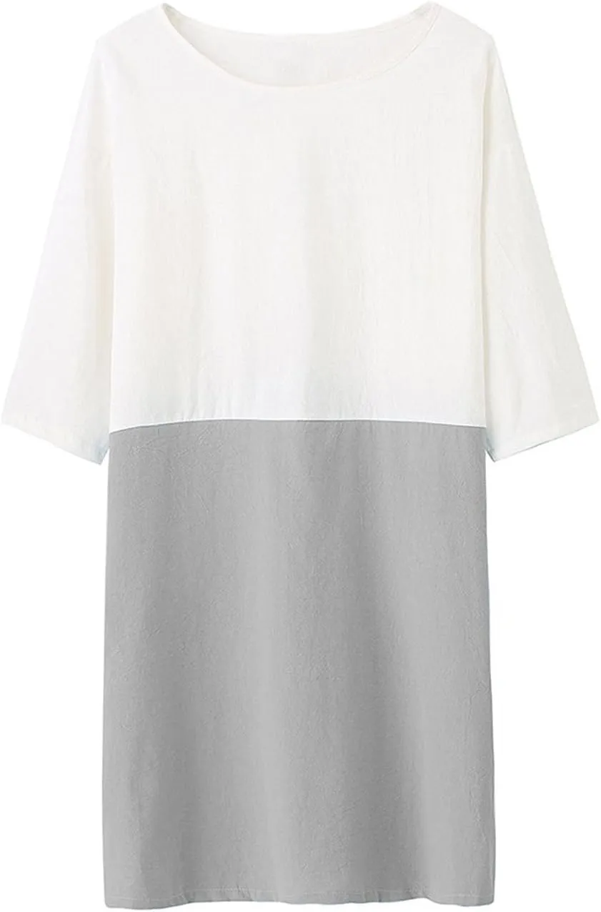 Famulily Women's Oversized 3 4 Sleeve Two Tone Colors Loose T Shirt Dress with Pockets