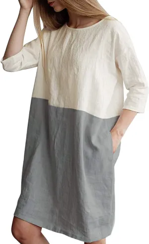 Famulily Women's Oversized 3 4 Sleeve Two Tone Colors Loose T Shirt Dress with Pockets