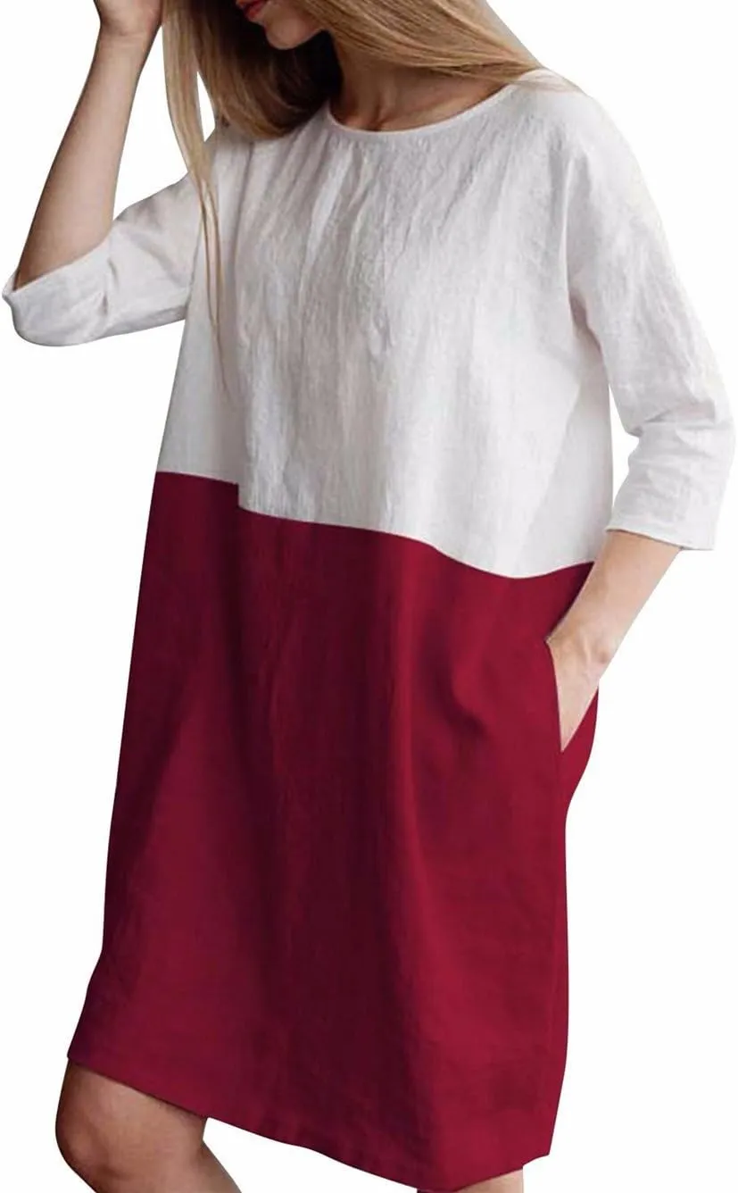 Famulily Women's Oversized 3 4 Sleeve Two Tone Colors Loose T Shirt Dress with Pockets