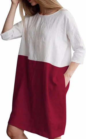 Famulily Women's Oversized 3 4 Sleeve Two Tone Colors Loose T Shirt Dress with Pockets