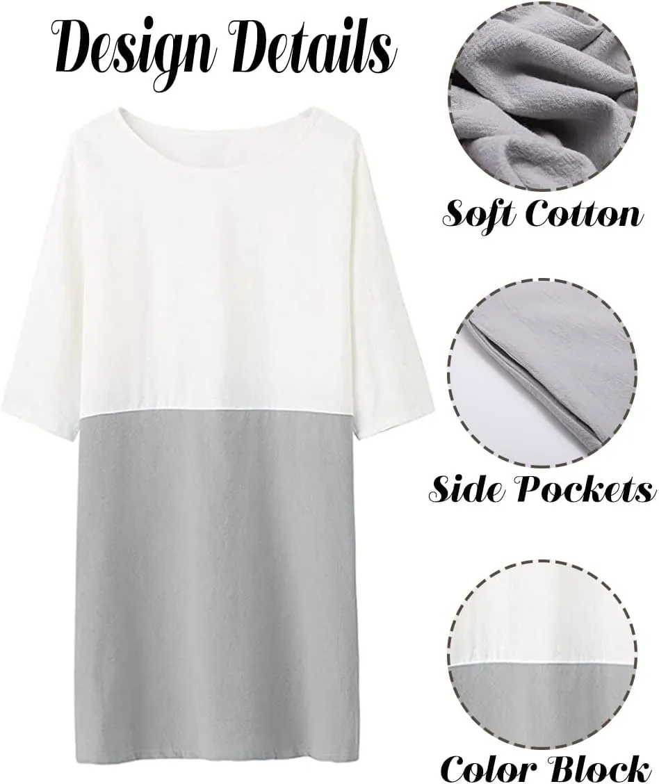 Famulily Women's Oversized 3 4 Sleeve Two Tone Colors Loose T Shirt Dress with Pockets