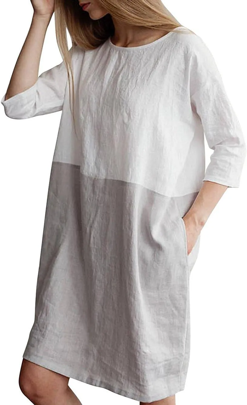 Famulily Women's Oversized 3 4 Sleeve Two Tone Colors Loose T Shirt Dress with Pockets