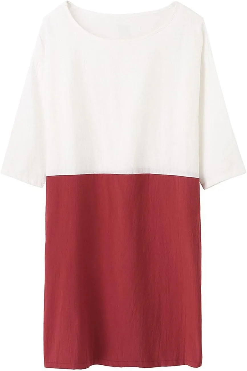 Famulily Women's Oversized 3 4 Sleeve Two Tone Colors Loose T Shirt Dress with Pockets