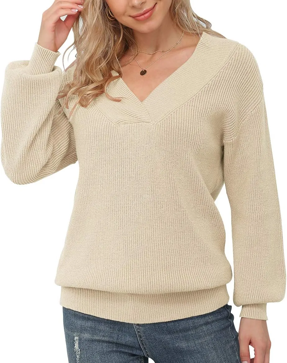 Feiersi Women's Off Shoulder Sweater Long Sleeve Loose Tops V-Neck Pullover Knit Jumper