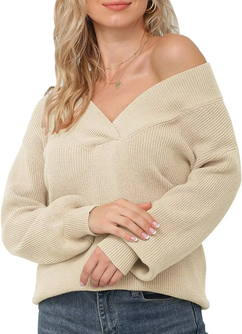 Feiersi Women's Off Shoulder Sweater Long Sleeve Loose Tops V-Neck Pullover Knit Jumper