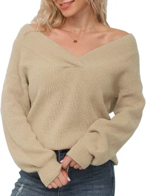 Feiersi Women's Off Shoulder Sweater Long Sleeve Loose Tops V-Neck Pullover Knit Jumper
