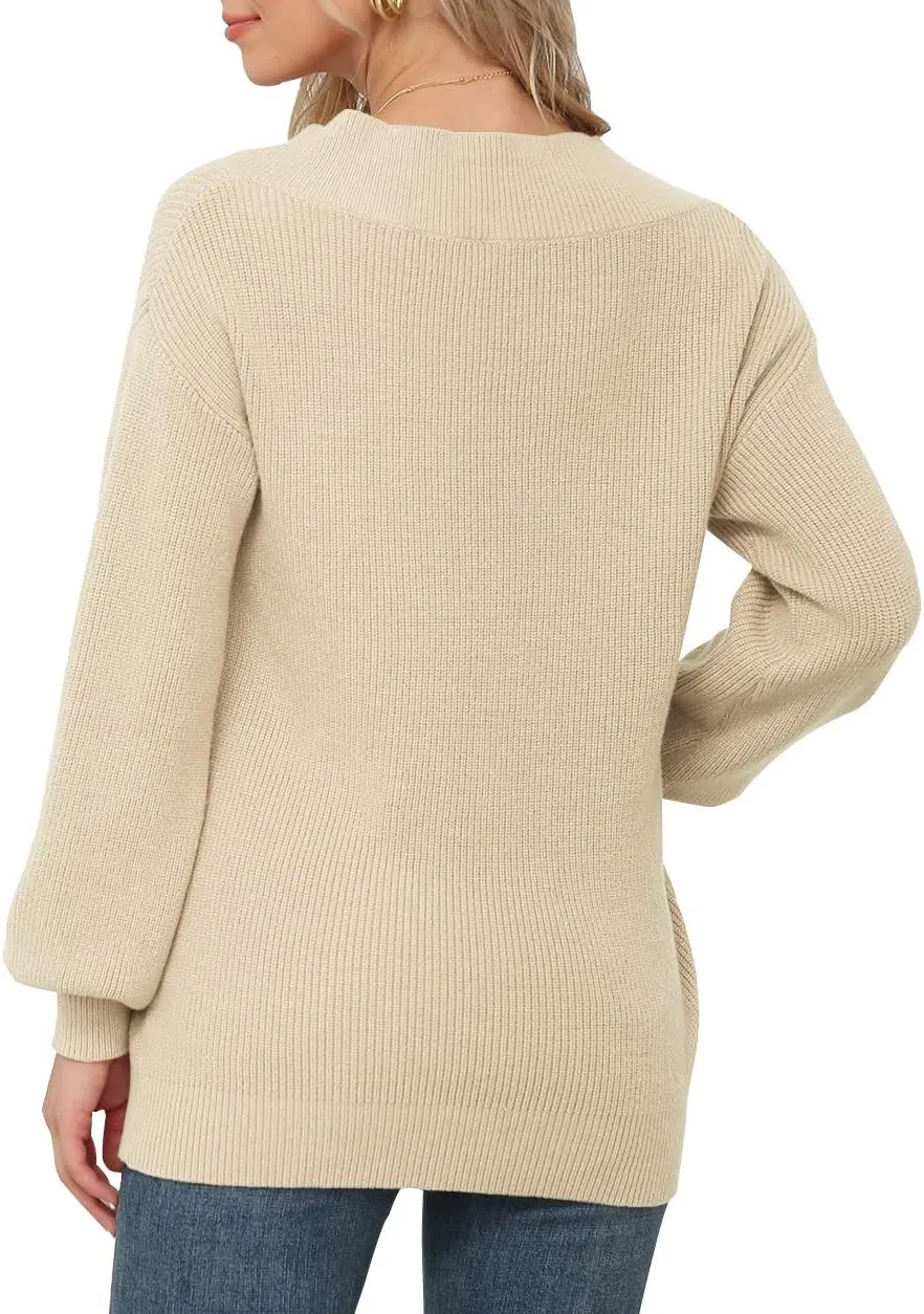 Feiersi Women's Off Shoulder Sweater Long Sleeve Loose Tops V-Neck Pullover Knit Jumper