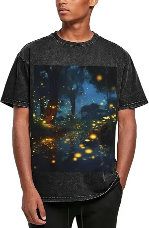 Fireflies Mens Oversized T Shirts Vintage Cotton Short Sleeves Casual Summer Tee Washed Unisex Tops