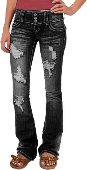Flamingals Low Rise Ripped Bootcut Wide Leg Jeans for Women Stretchy Denim Pants