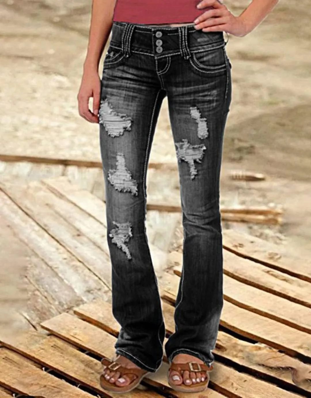Flamingals Low Rise Ripped Bootcut Wide Leg Jeans for Women Stretchy Denim Pants