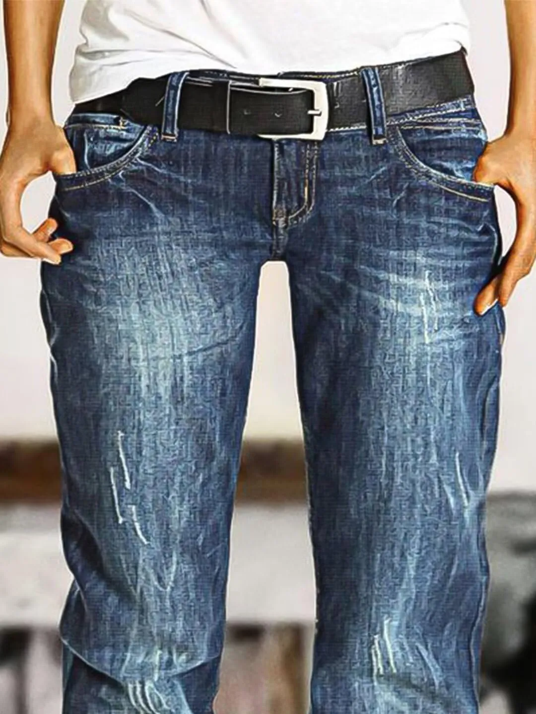Flamingals Straight Leg Low Rise Causal Ripped Wash Detail Jeans Without Belt