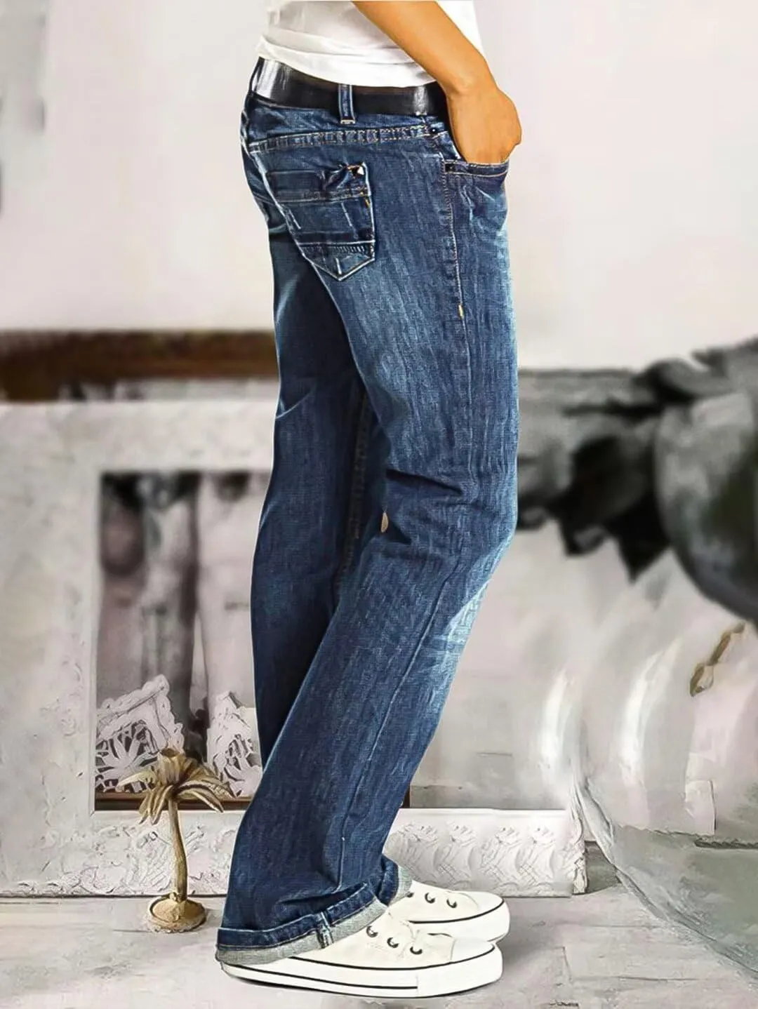 Flamingals Straight Leg Low Rise Causal Ripped Wash Detail Jeans Without Belt