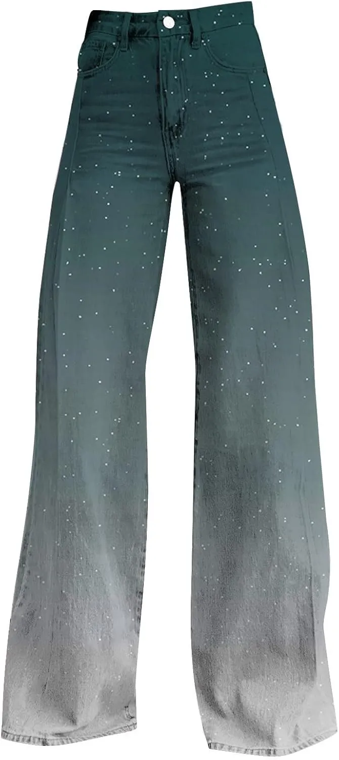 Flare Jeans for Women High Waist Wide Leg Palazzo Bell Bottom Boyfriend Denim Pants Gradient Color Baggy Ankle Jeans