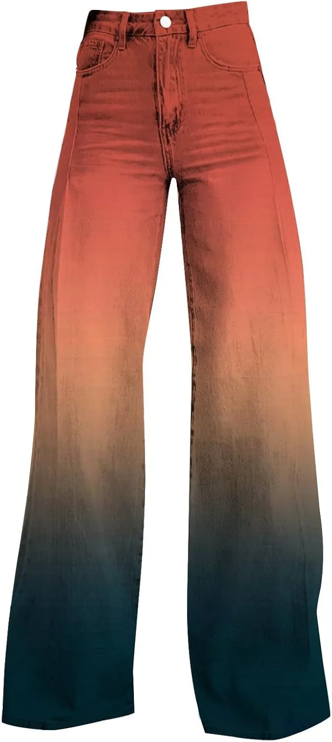 Flare Jeans for Women High Waist Wide Leg Palazzo Bell Bottom Boyfriend Denim Pants Gradient Color Baggy Ankle Jeans