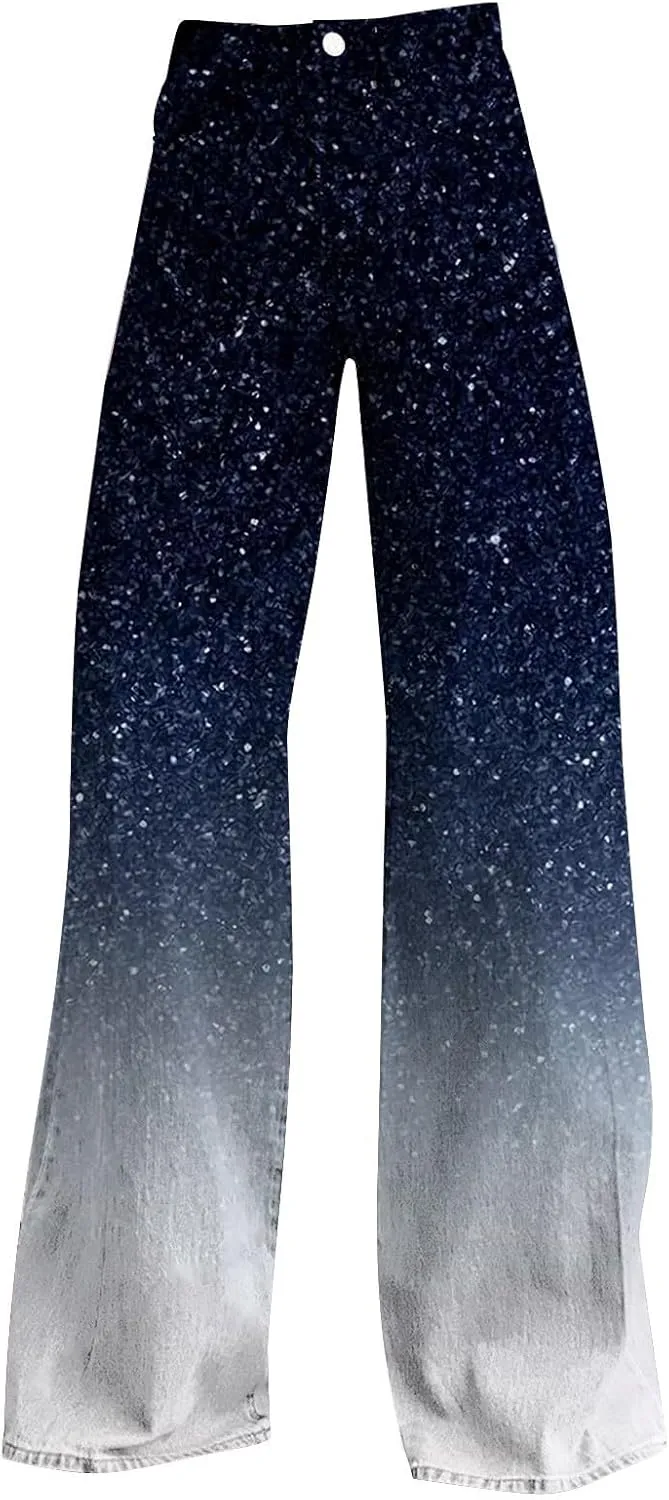 Flare Jeans for Women High Waist Wide Leg Palazzo Bell Bottom Boyfriend Denim Pants Gradient Color Baggy Ankle Jeans