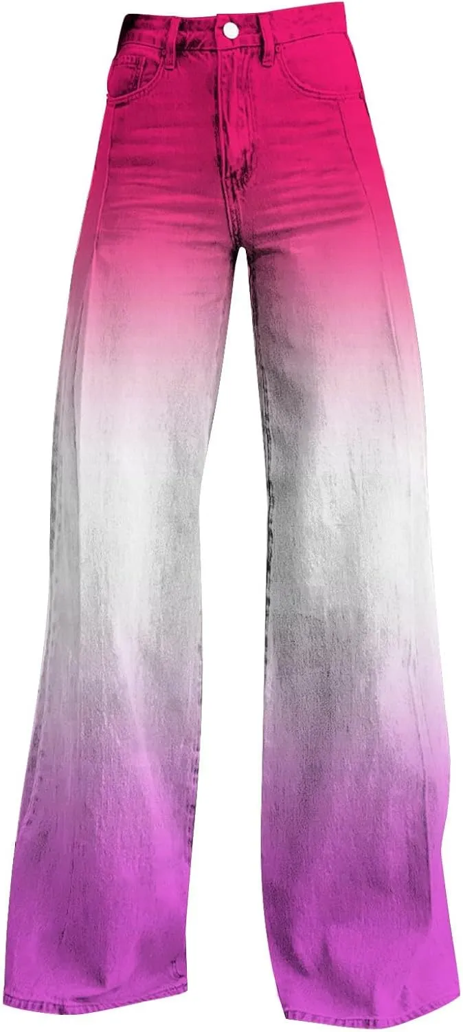 Flare Jeans for Women High Waist Wide Leg Palazzo Bell Bottom Boyfriend Denim Pants Gradient Color Baggy Ankle Jeans