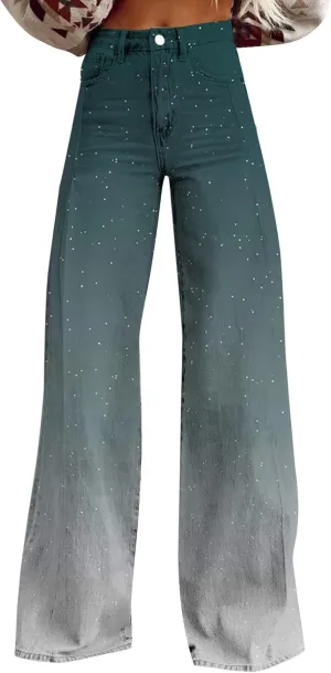 Flare Jeans for Women High Waist Wide Leg Palazzo Bell Bottom Boyfriend Denim Pants Gradient Color Baggy Ankle Jeans